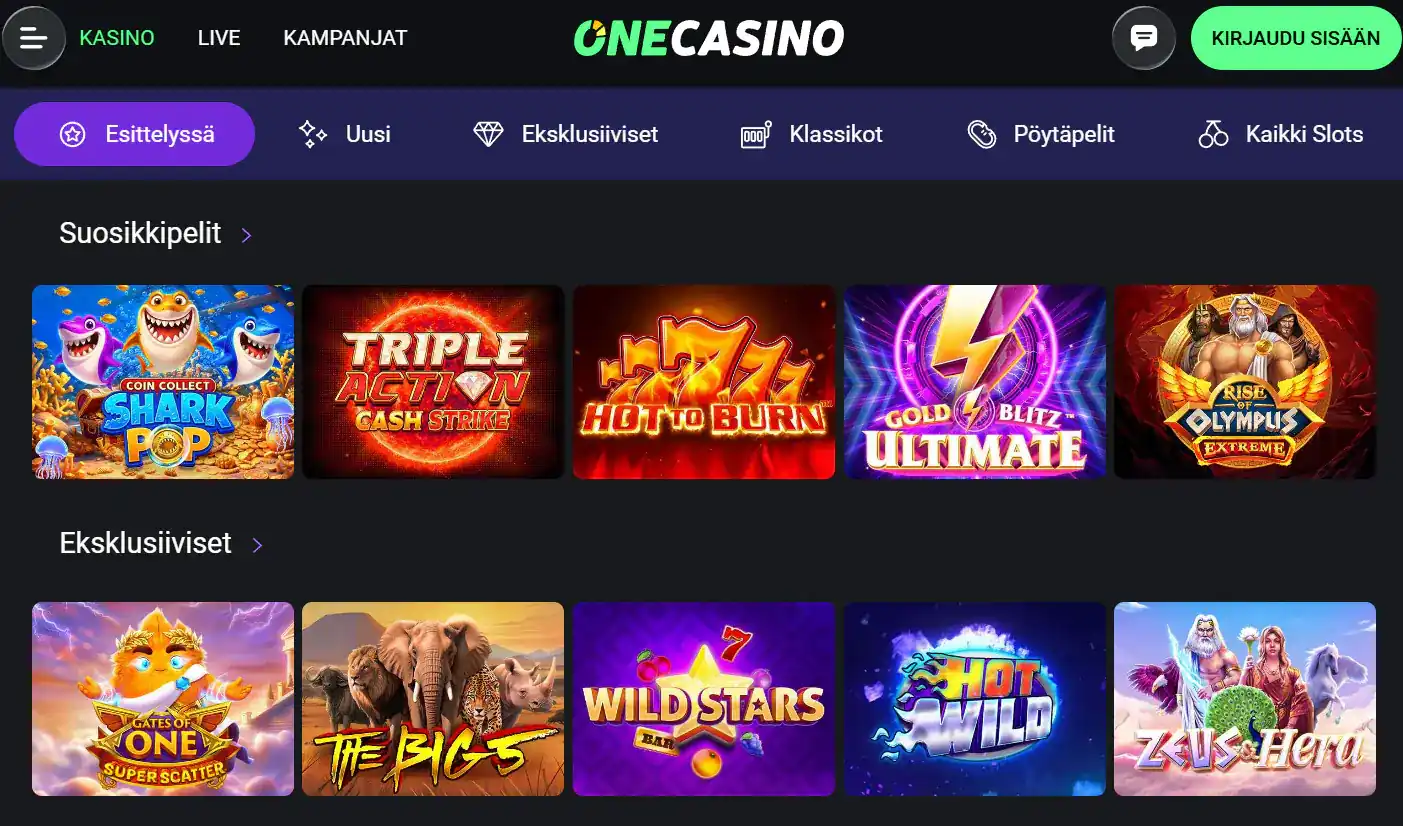 OneCasinon suomenkielisen pelisivun valikko ja peliluokkien esittely